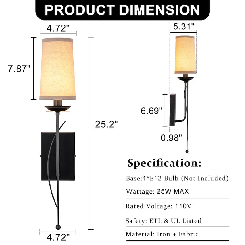 1-Light Matte Black Metal Wall Sconce Cone-Shaped Beige Linen Shade
