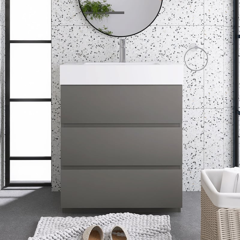 Wood Freestanding Bathroom Vanity Set with White Integrated Resin Sink - 30" x 18" - Painted - Grey