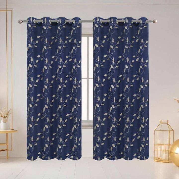 Elvira Embroidered Leaf Room Darkening Grommet Window Curtain Panel, 54x84 Inches - 54 x 84 Inches - Navy