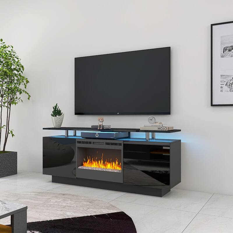 70" High Gloss TV Stand with Built-In Electric Fireplace, 9-Color Flame, Storage Shelves & Remote, for 80" TVs