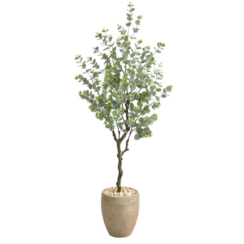 Eucalyptus Artificial Tree 5ft Indoor, Sandstone Planter, Realistic Faux Tree, Home Decor, Living Room Plant