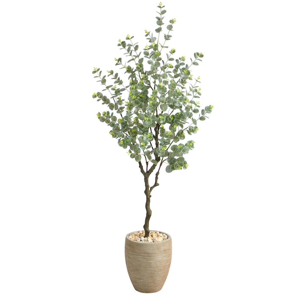 Eucalyptus Artificial Tree 5ft Indoor, Sandstone Planter, Realistic Faux Tree, Home Decor, Living Room Plant