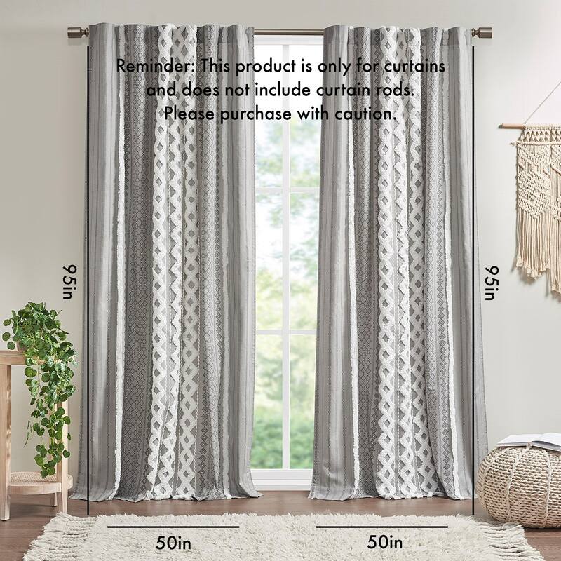Cotton Printed Curtain Panel with Chenille Stripe and Lining 50x95" - Multicolor/Gray
