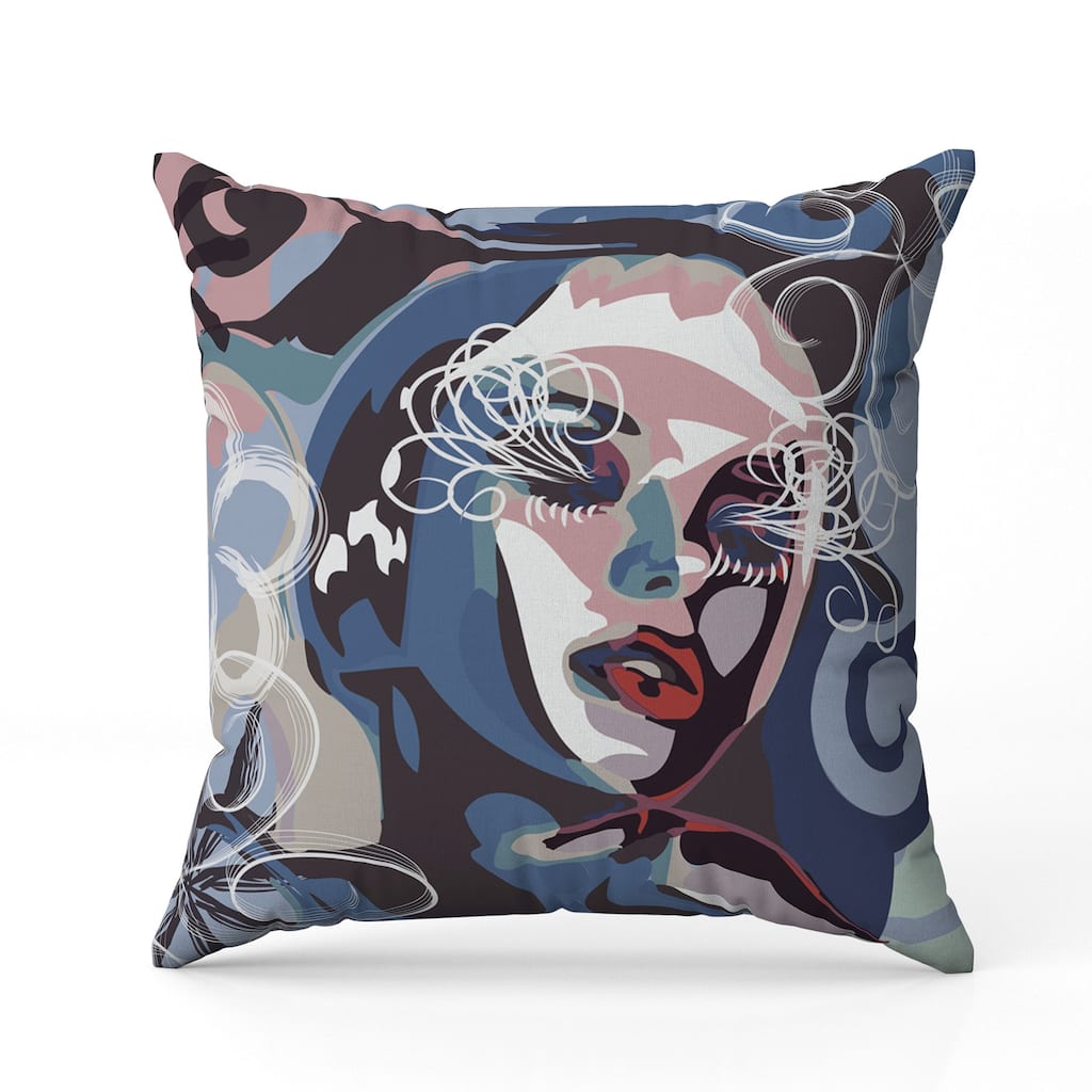 Face Pop Art Indoor/Outdoor Reversible Throw Pillow Blue and Pink