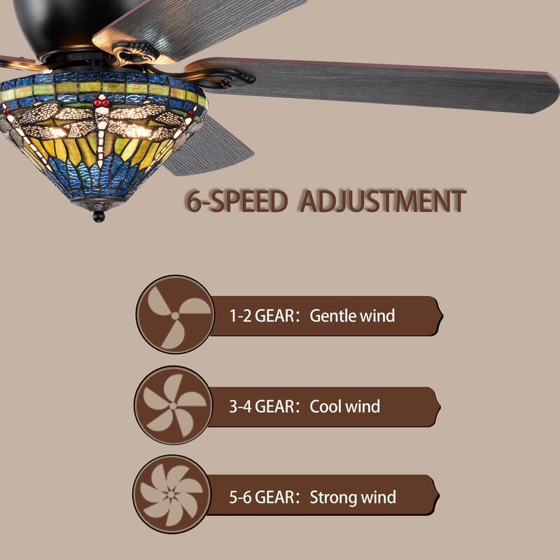 Penana 52-Inch Flushmount Lighted Ceiling Fan Green Blue Dragonfly Tiffany Glass Lamp Black Finish