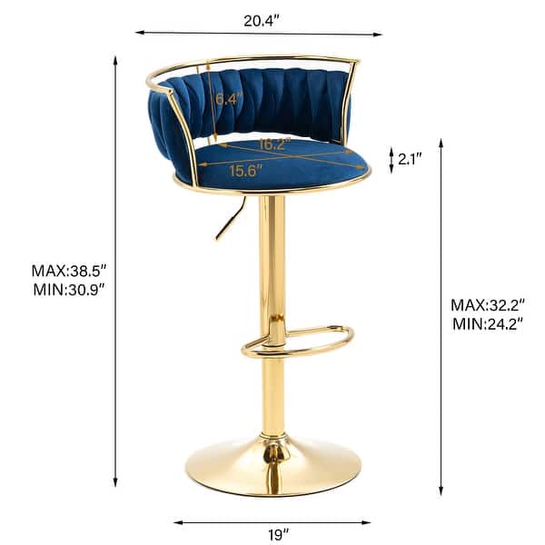 dimension image slide 22 of 24, Velvet Upholstered Adjustable Bar Stool Swivel Counter Chair Set of 2