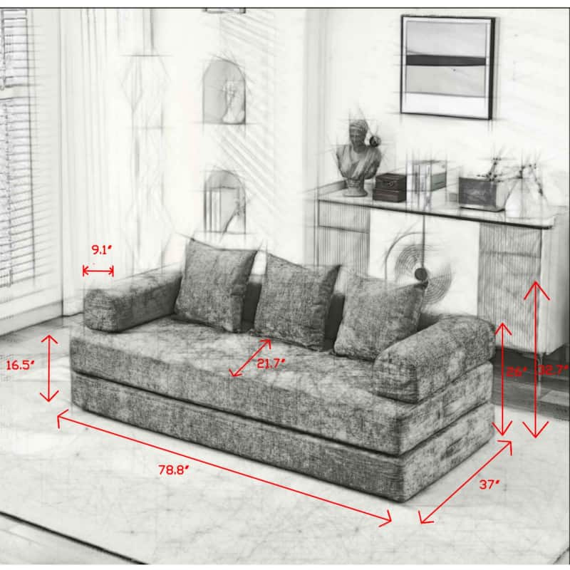 3-Tier Design Convertible Chenille Sofa Bed, Folding Sleeper Floor Sofa with Pillows, No-Assembly Modular Sofa Couch