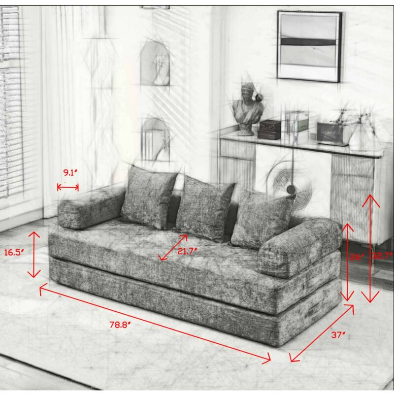 Chenille Folding Sofa Floor Sleeper Bed Chaise Lounger Couch 3-in-1 Comfy Mattress with Reversible Arm Pillows and Non-slip Pad