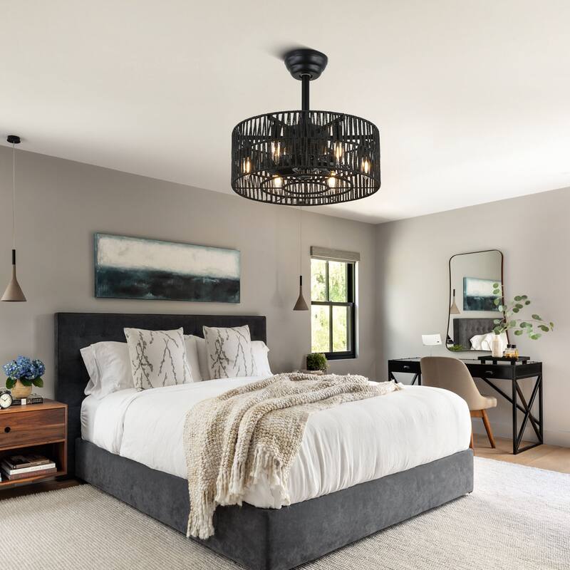 CurveCurio 20" Matte Black Reversible Ceiling Fan Light with Natural Wool Shade and Remote Control for Bohemian & Rustic Homes