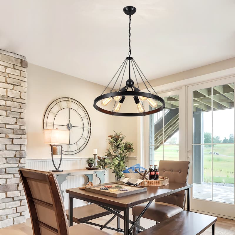 6-Light Modern Wagon Wheel Chandelier with Adjustable Chain for Study Foyer Kitchen Island