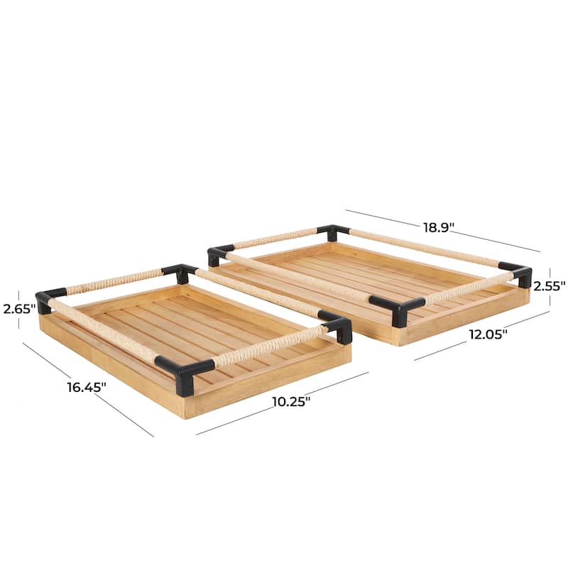 Wood Slatted Tray with Elevated Woven Sides and Black Metal Corners - Set of 2 Brown - Roche River Decor - 12"W x 19"L x 3"H