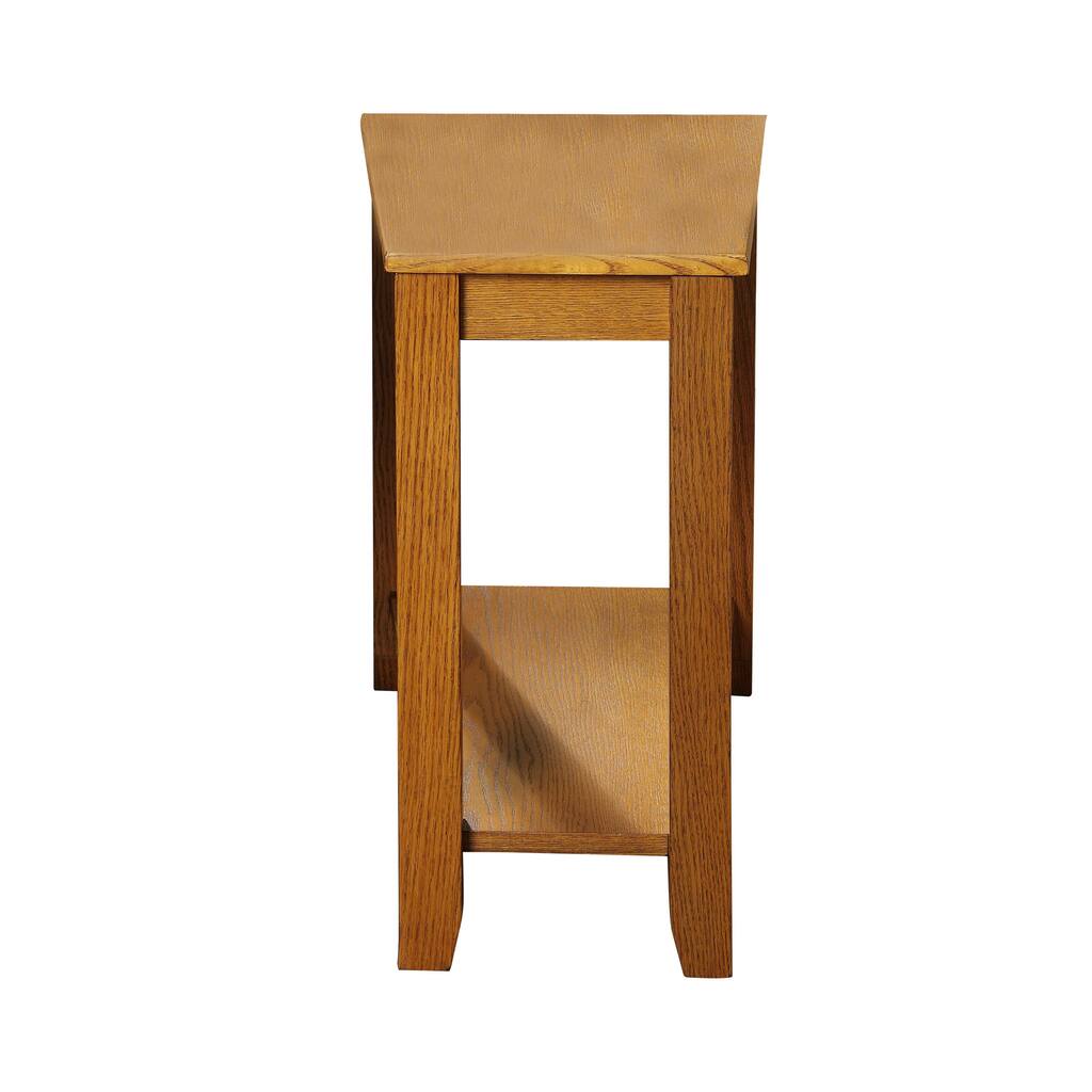 Wooden Wedge Chairside Table with Open Bottom Shelf, Oak Brown