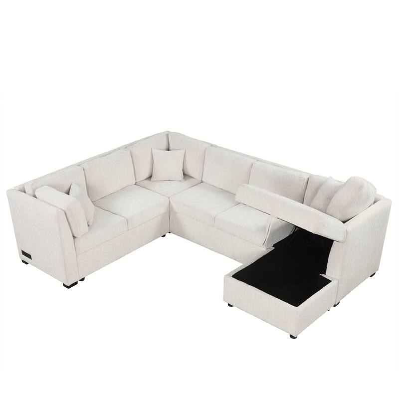 108.6" Chenille U-Shaped Sectional Sofa Bed with USB Ports, Storage Chaise, and 3 Back Pillows