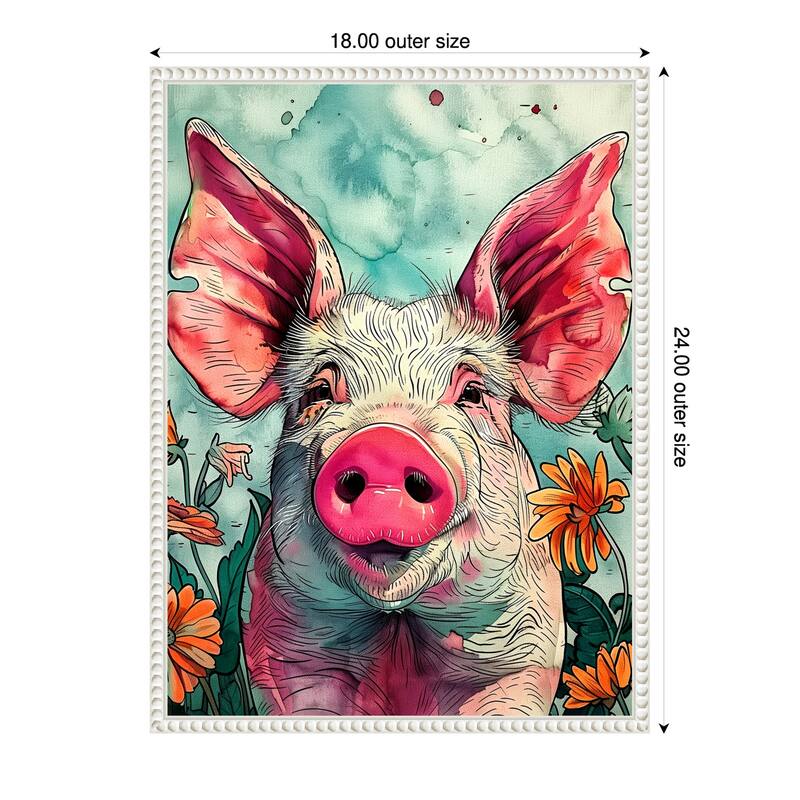 Pig in Flowers by Justyna Jaszke Framed Canvas Wall Art - 18 x 24 in