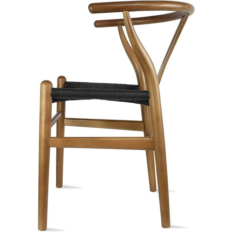Farmhouse Dining Chairs Organic Round Arms Y-back Wood with Woven Black Seats For Kitchen Hotel Restaurants (Set of 2)