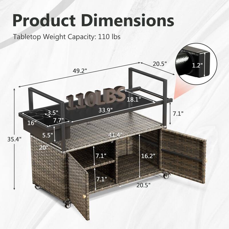 Outdoor 49.2" PE Wicker Bar Cart with Cabinet Patio Serving Cart with Tempered Glass Top