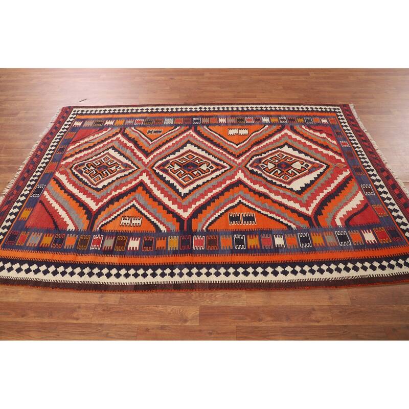 Orange Kilim Qashqai Persian Vintage Rug Hand-Woven Wool Carpet - 5'3"x 7'8"