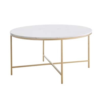 Round Faux Marble Coffee Table with Metal Legs in White and Gold