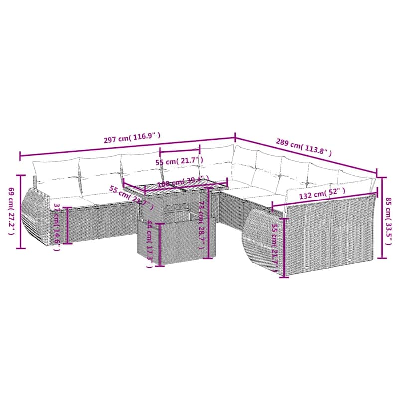 vidaXL Patio Sofa Set with Cushions Outdoor Furniture 11 Piece Poly Rattan - 24.4 x 24.4 x 27.2