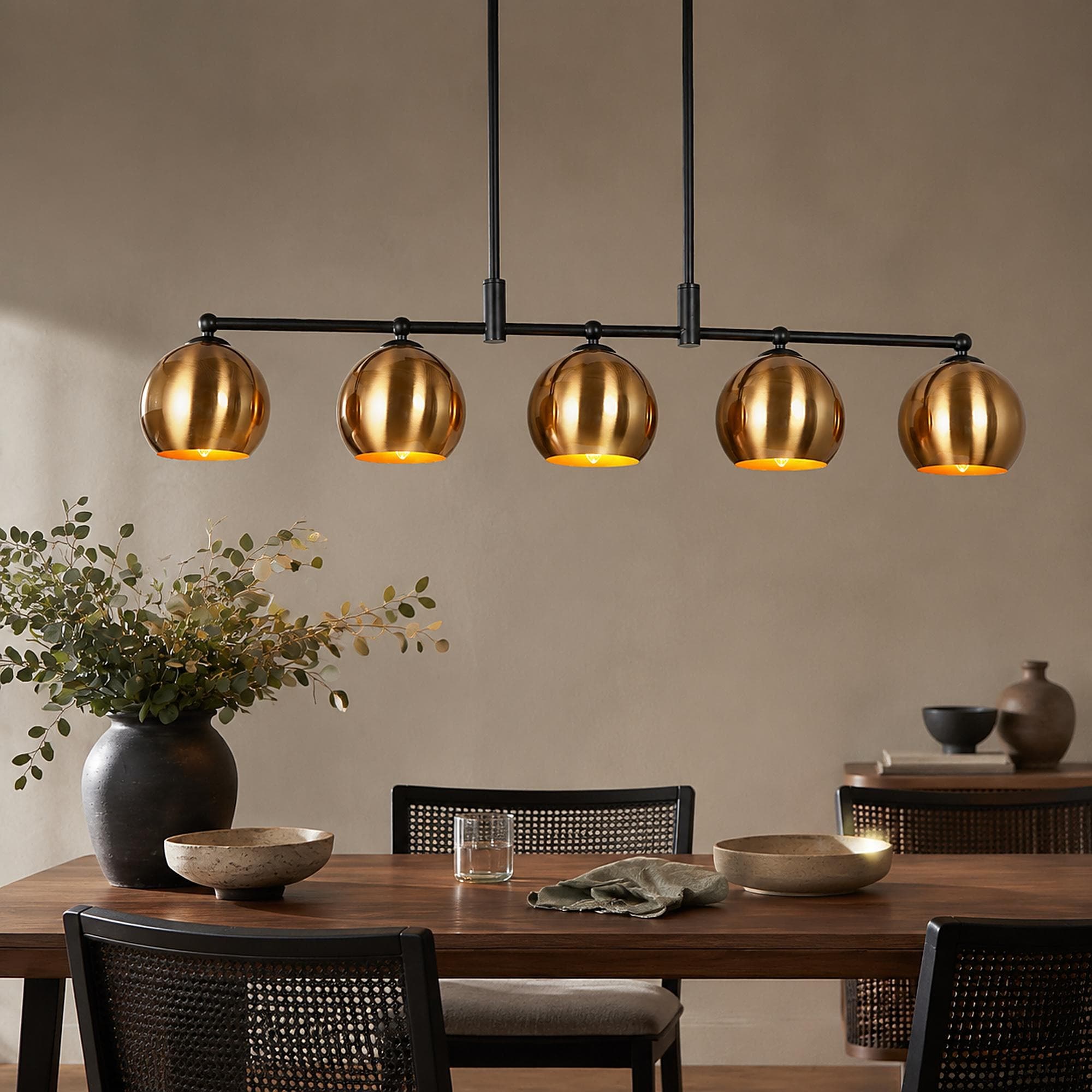 Modern Black Gold 5-Light Linear Chandelier Kitchen island Pendant Lights with Metal Shades - L38.5" x W5.5" x H7.5"
