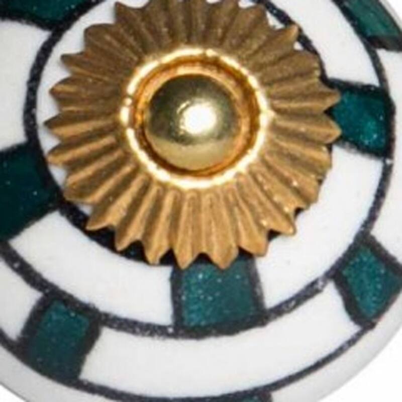 Round Ceramic Cabinet Knobs 12 Pack White Teal Gold Geometric Drawer Pulls for Dresser - 1.5” x 1.5” x 1.5”