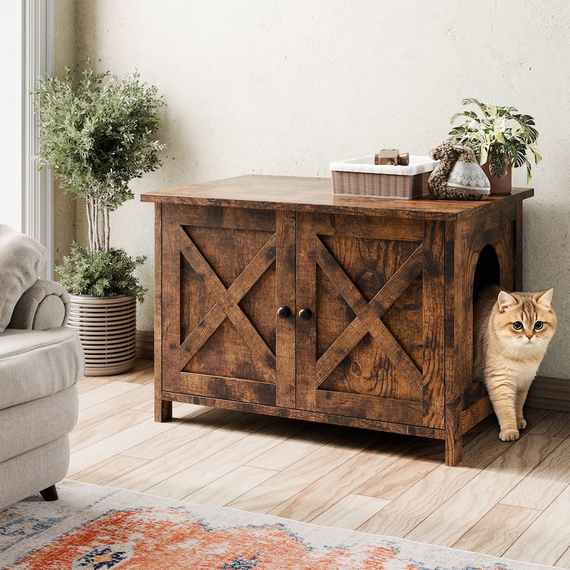 Modern Cat Cage Cabinet with Litter Box Enclosure, Multi-Functional Pet Furniture - Brown