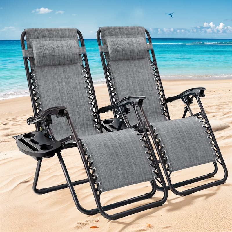 Set of 2 Zero Gravity Recliner Lounge Chairs with Cup Holders, Folding Patio Camping Beach Chairs for Outdoor Relaxation
