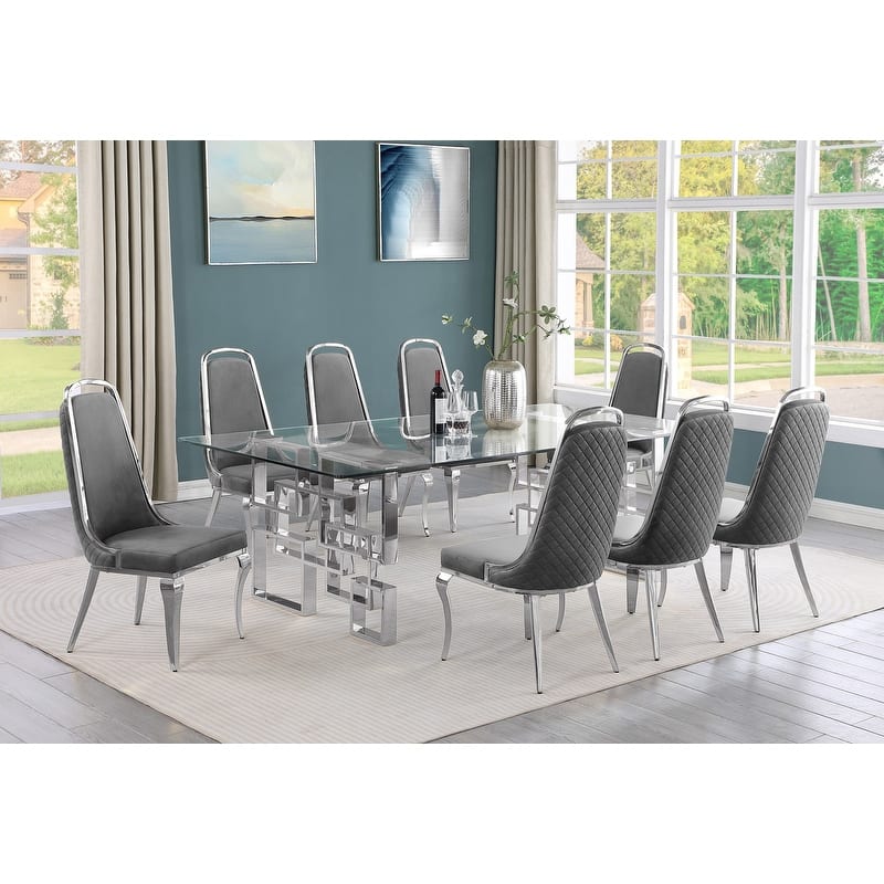 Best Quality Furniture Big Glass Table Dining Sets - 9pcs - Chrome - Dark Gray 