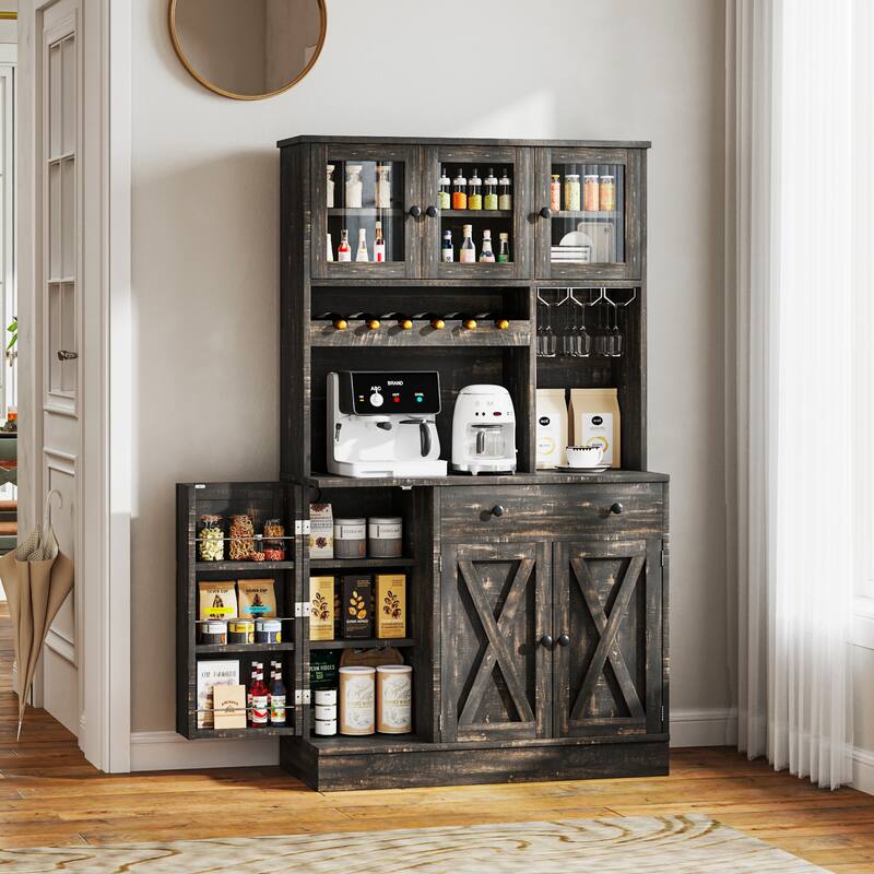 Moasis 71''H Kitchen Pantry Storage Cabinet with Power Outlet Tall Cabinet with Doors Shelves & Drawer Buffet Cabinet