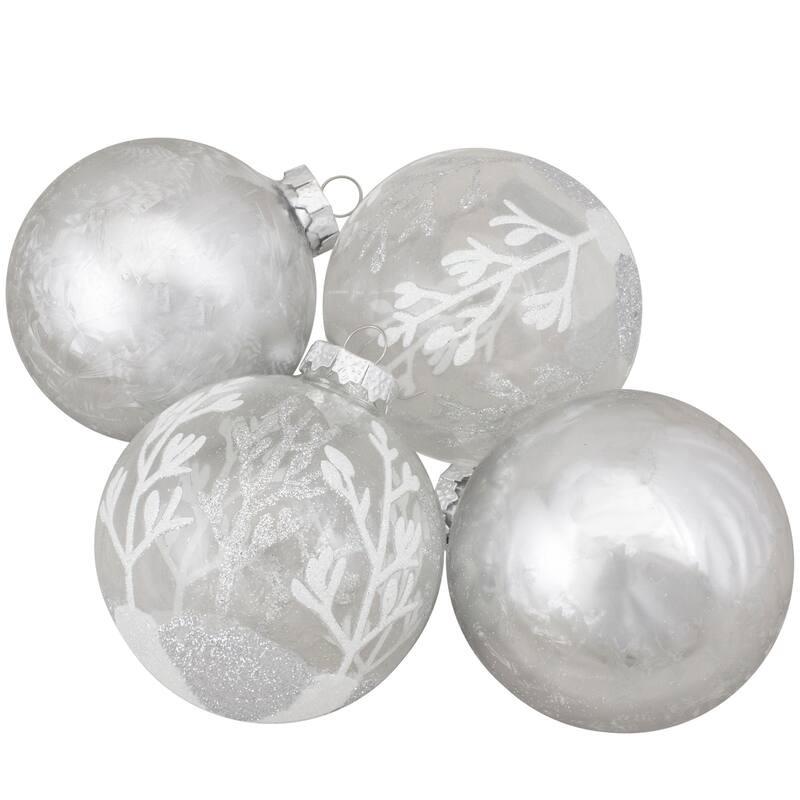 4ct Silver Clear Glass 2-Finish Christmas Ornaments 3.25-Inch (80mm)