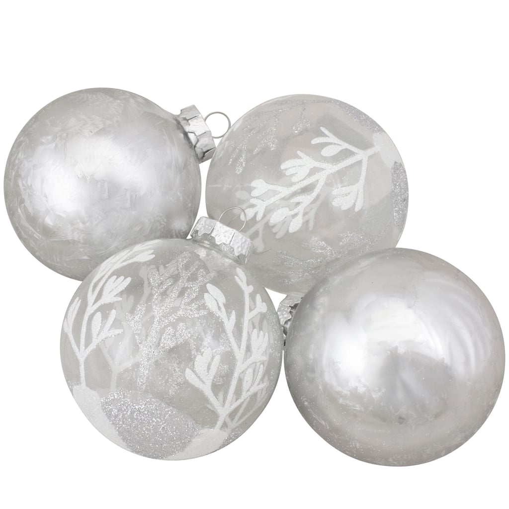 4ct Silver Clear Glass 2-Finish Christmas Ornaments 3.25-Inch (80mm)