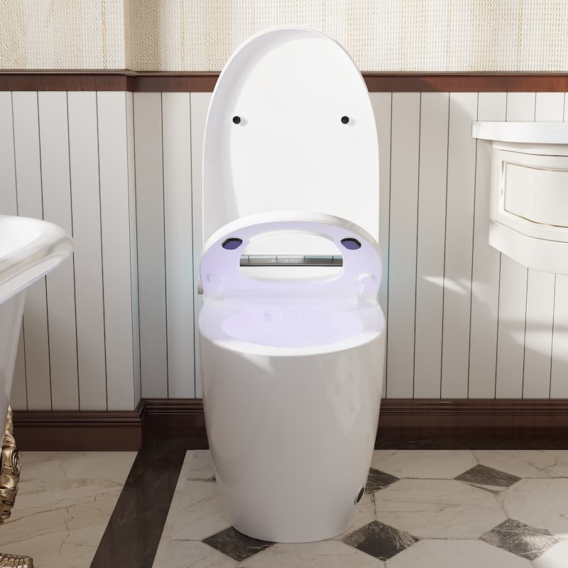 Smart One-Piece Toilet with Built-in Bidet, Heated Seat, Auto Open Lid, UV-C Sterilization, Remote Control, White