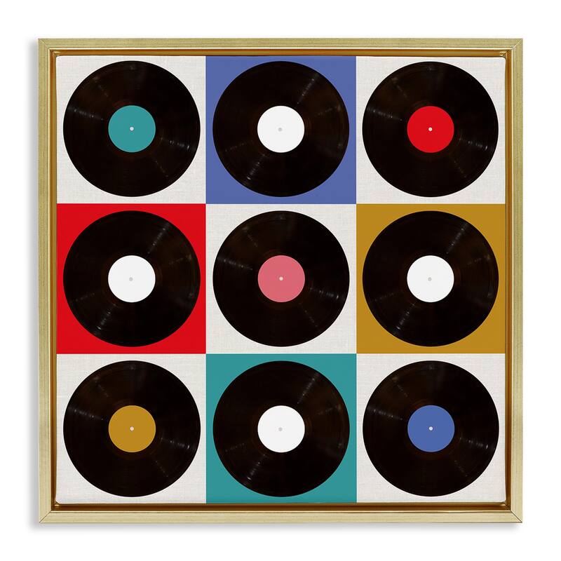 Stupell Geometric Music Records Framed Floater Canvas Wall Art Design By Katrina Craven - 18 x 18 - Gold