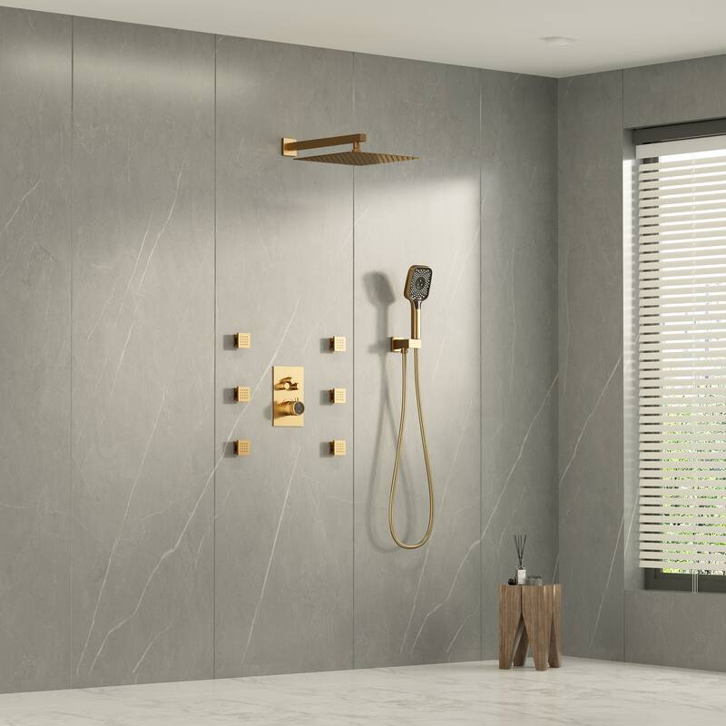 Wall Mount 12 Inch Rainfall Shower Head 3 Function Thermostatic Shower System with 6 Body Jets