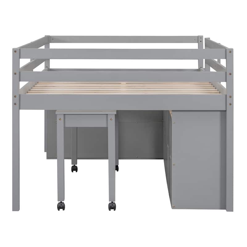 Loft Bed with Retractable Writing Desk and 4 Drawers, Wooden Loft Bed with Lateral Portable Desk and Shelves