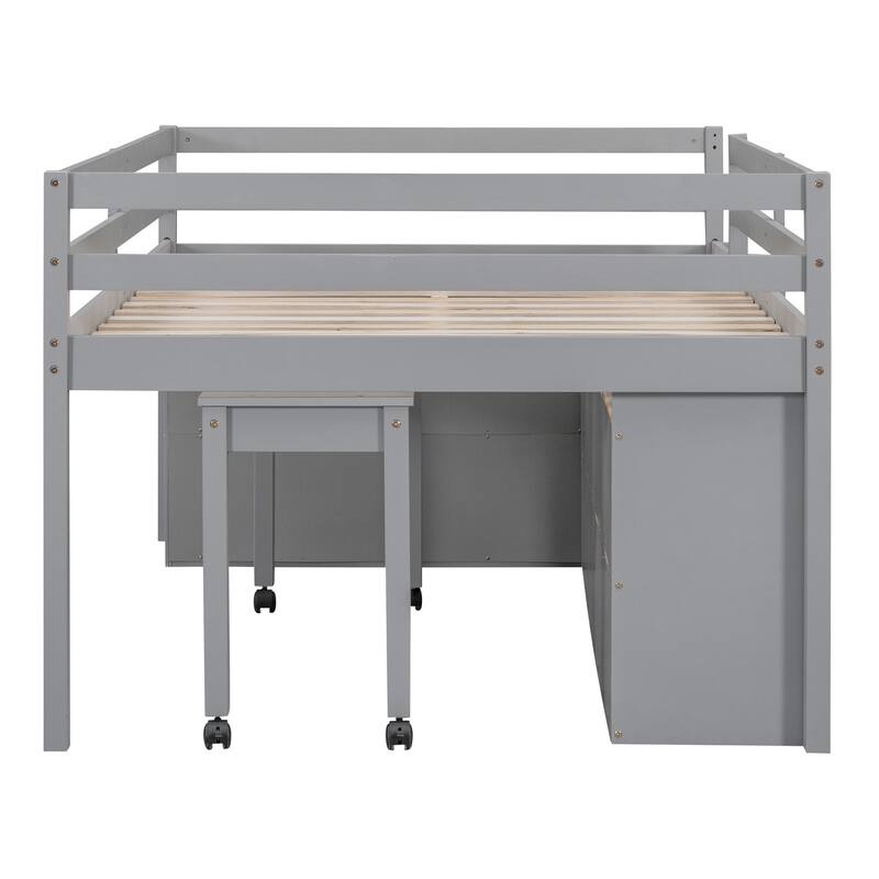 Loft Bed with Writing Desk and 4 Drawers, Wooden Loft Bed with Lateral Portable Desk and Shelves