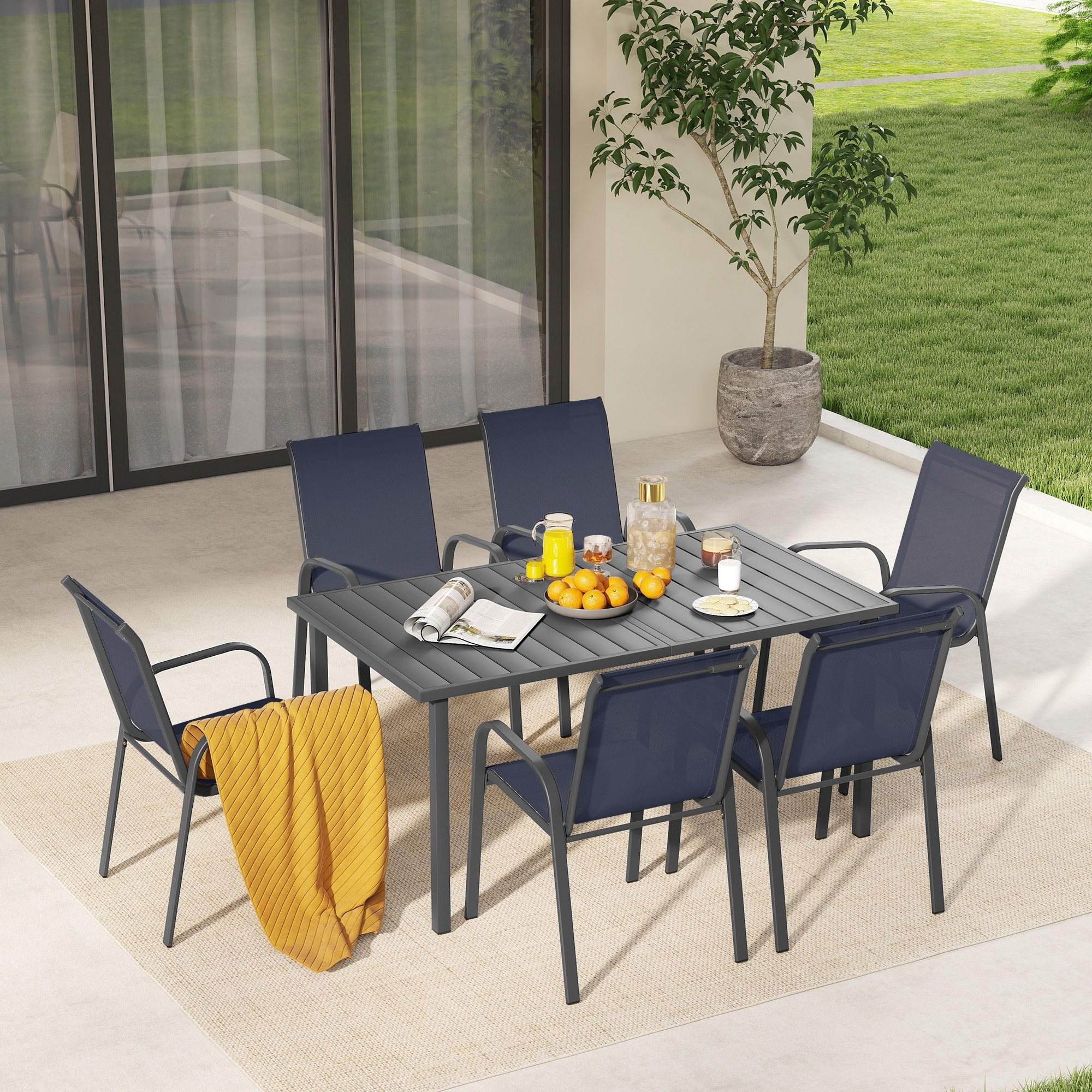 TerraTex 7-Piece Metal Outdoor Dining Set with Greige Textilene Fabric
