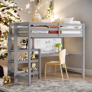 Twin Size Wooden Loft Bed with Shelves, Desk and Writing Board, Grey