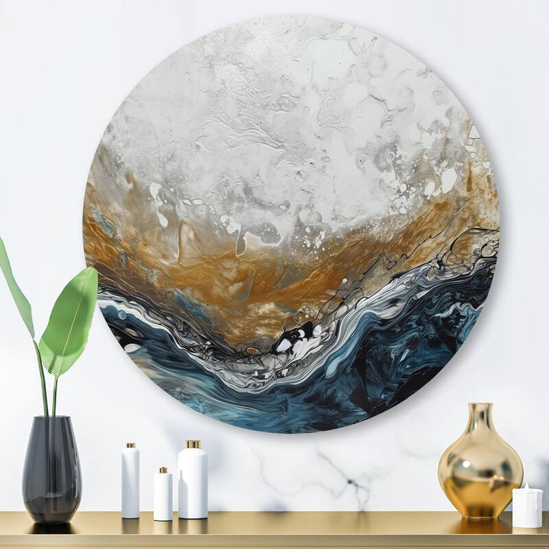 Designart "Grey Gold Modern Abstract Contemporary II" Abstract Marble Metal Round Wall Art - 29x29 - Disc of 29 Inch