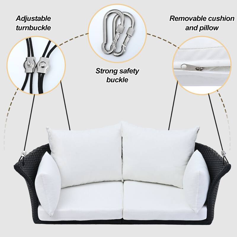2-Person Porch Swing Bench, PE Rattan Outdoor Swing Chair w/ Comfortable Seat & Back Cushions, Patio Loveseat Swing for Balcony