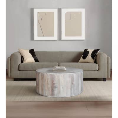 36 Inch Coffee Table, Handcrafted Drum Shape, Washed White Mango Wood