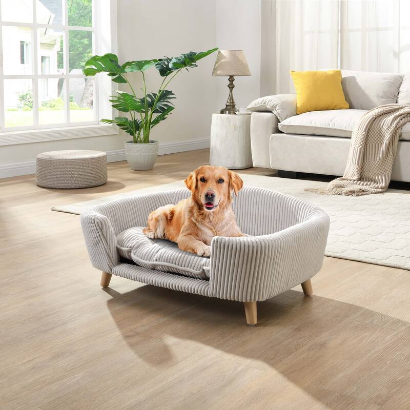 Elevated Dog Bed Frame for Small Dog, Corduroy Pet Couch Bed with Rubber Wood Legs