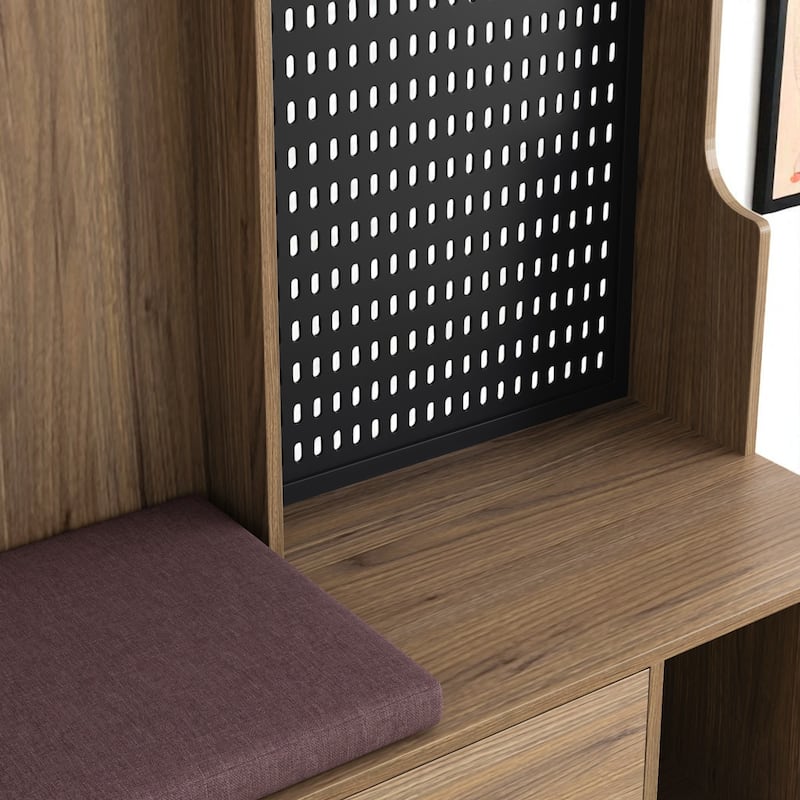 Modern Hall Tree with Removable Linen Cushion Bench, Coat Rack, Shelves & DIY Pegboard, 57.48 x 14.96 x 77.17 in