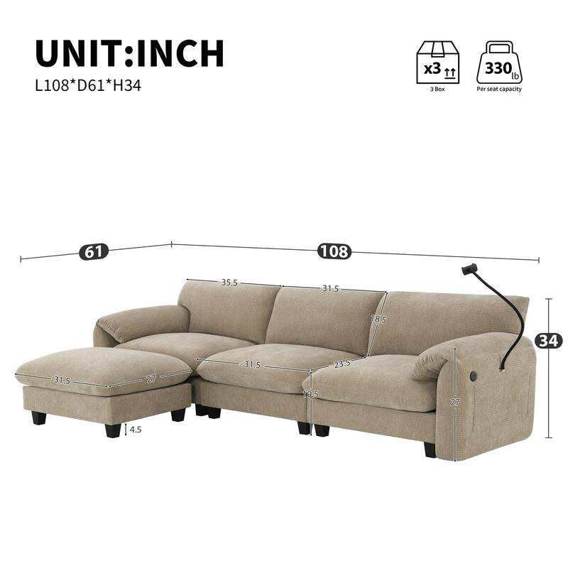 L-Shaped Sectional Sofa w/ USB, Type-C Charger, 2 Side Storage Pockets