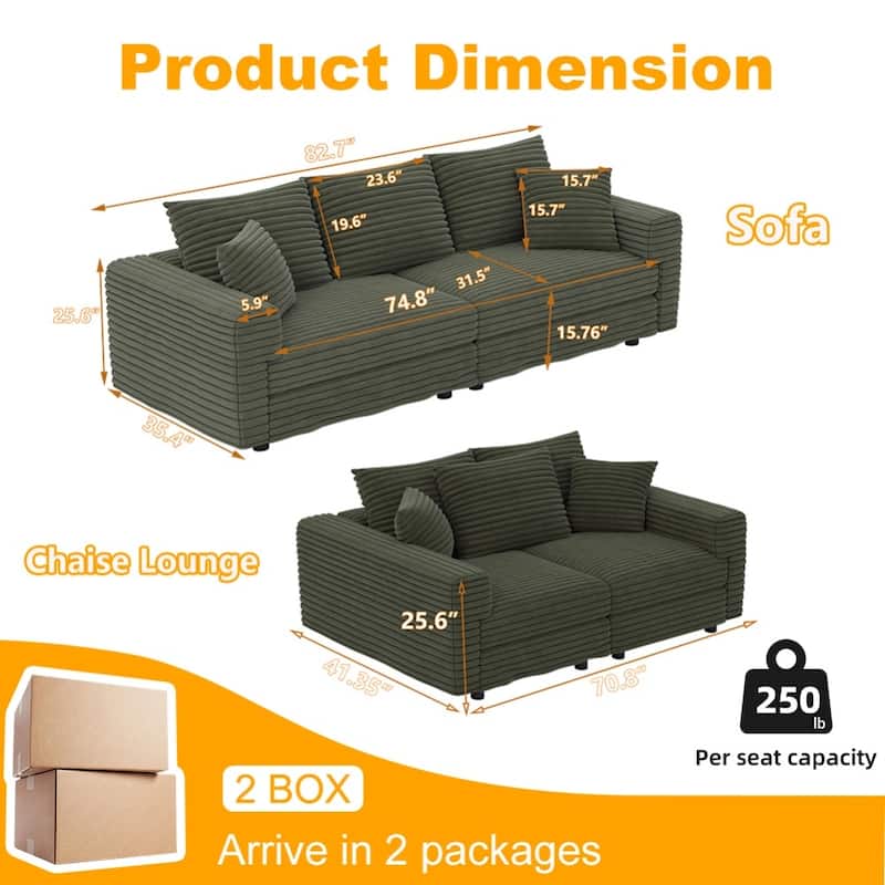 82.7 " Modern Plush Corduroy 3-Seat Sofa with Soft Pillows