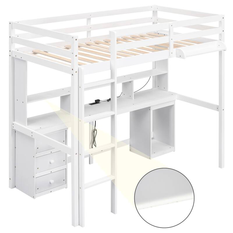 Full Size Loft Bed with Desk & LED Lights, Wooden Loft Bed with Storage