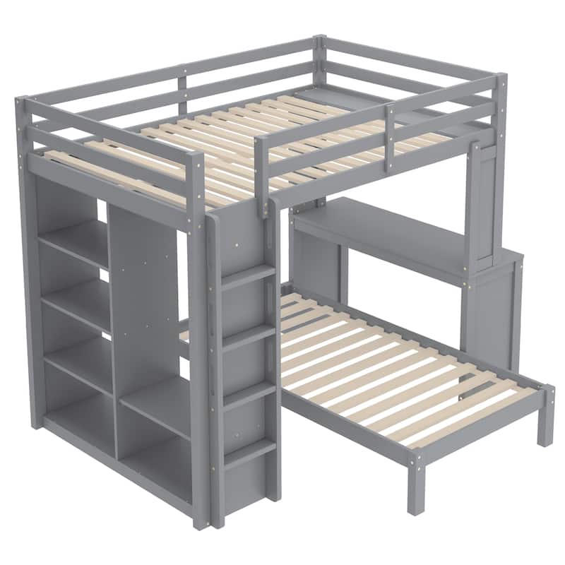 Full Over Twin Bunk Bed with Built-in Desk, Shelves and Wardrobe, Wood Bunk Bed Frame with Platform Bed and Loft Bed
