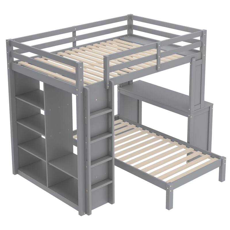 Roomfitters Full/Queen Solid Wood Bunk Bed with Dismountable Lower Bed, Desk, Shelves & Wardrobe, Convertible Loft