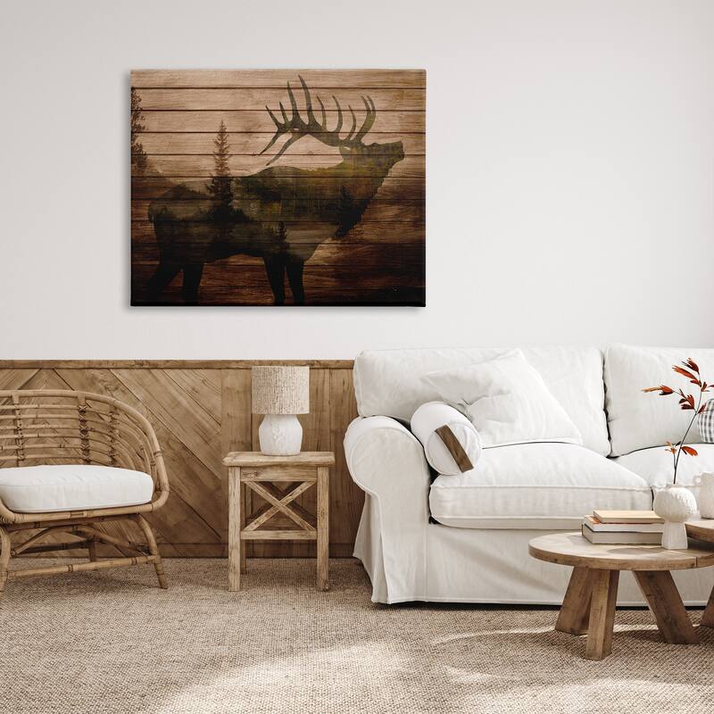 Stupell Forest Elk Silhouette Rustic Plank Pattern Tree Landscape Canvas Wall Art - Brown