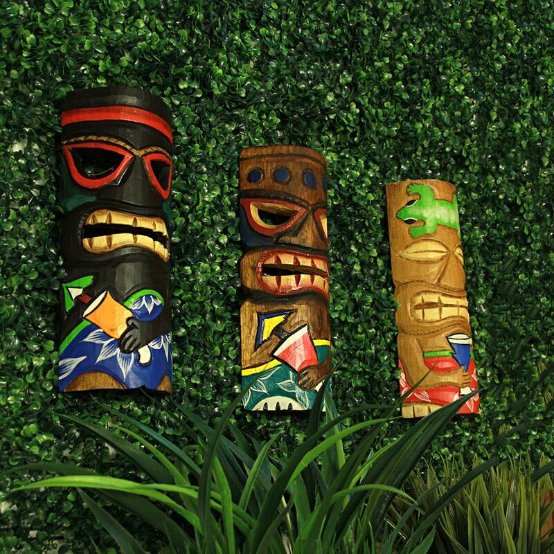 Set Of 5 Hand-Carved Polynesian Wooden Wall Masks & Rustic Tiki Bar